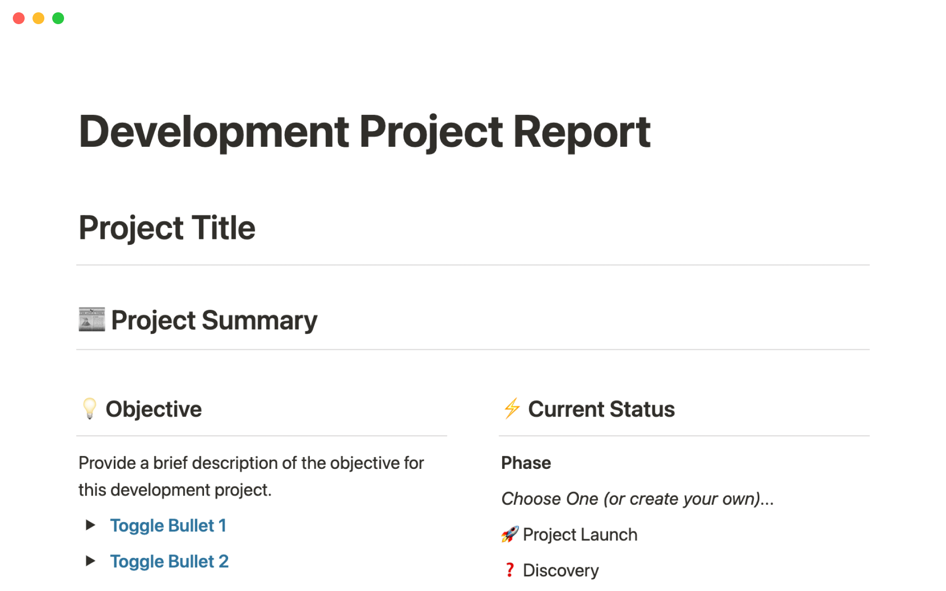 Eine Vorlagenvorschau für Development project report