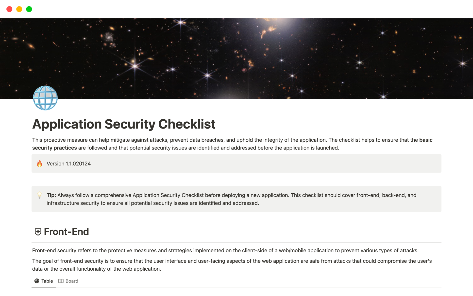 Eine Vorlagenvorschau für Application Security Checklist