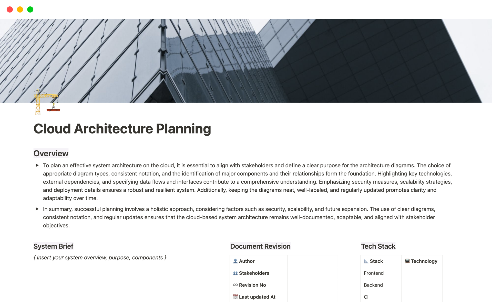 Eine Vorlagenvorschau für Cloud Architecture Planning