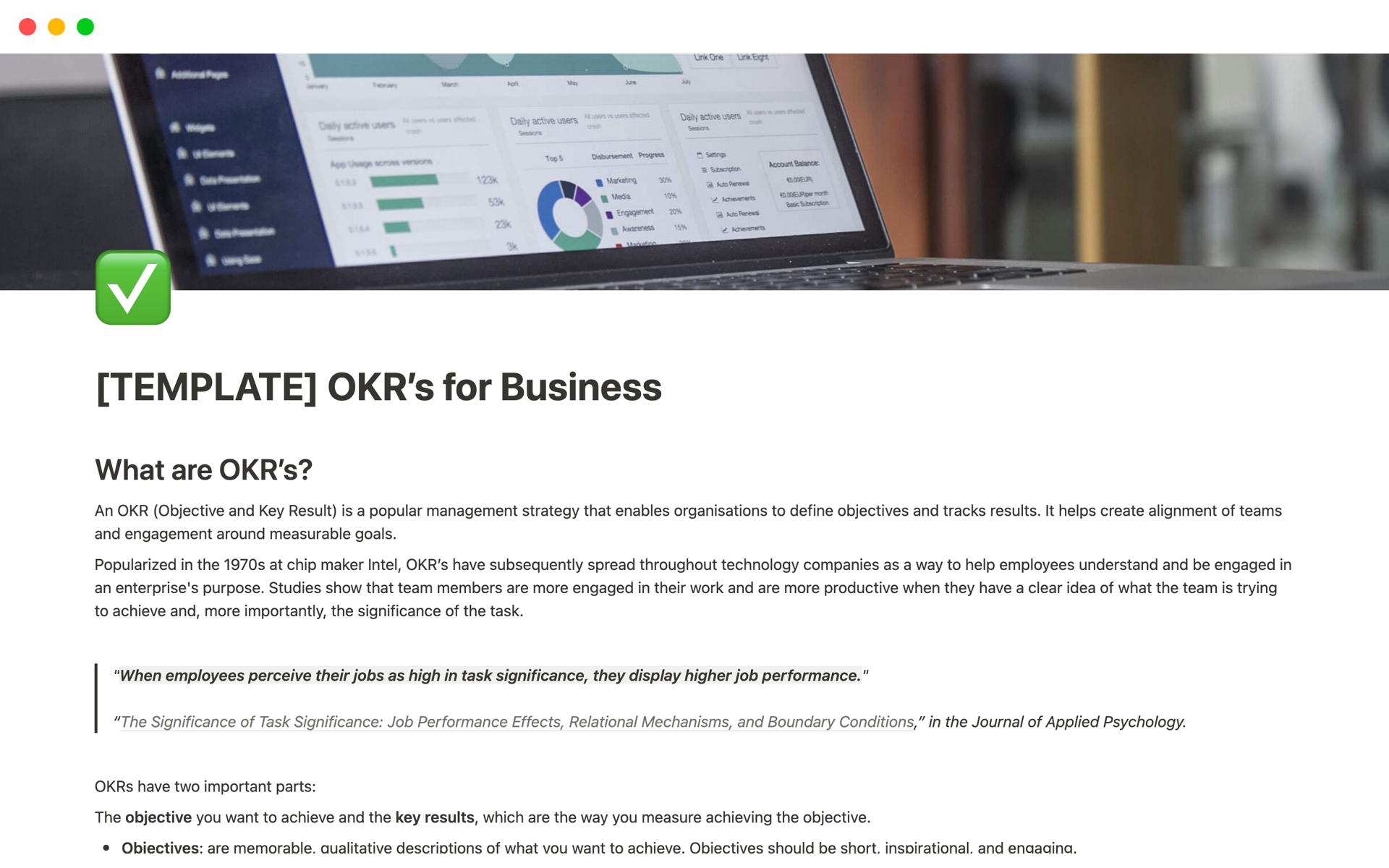 OKR’s for Businessのテンプレートのプレビュー