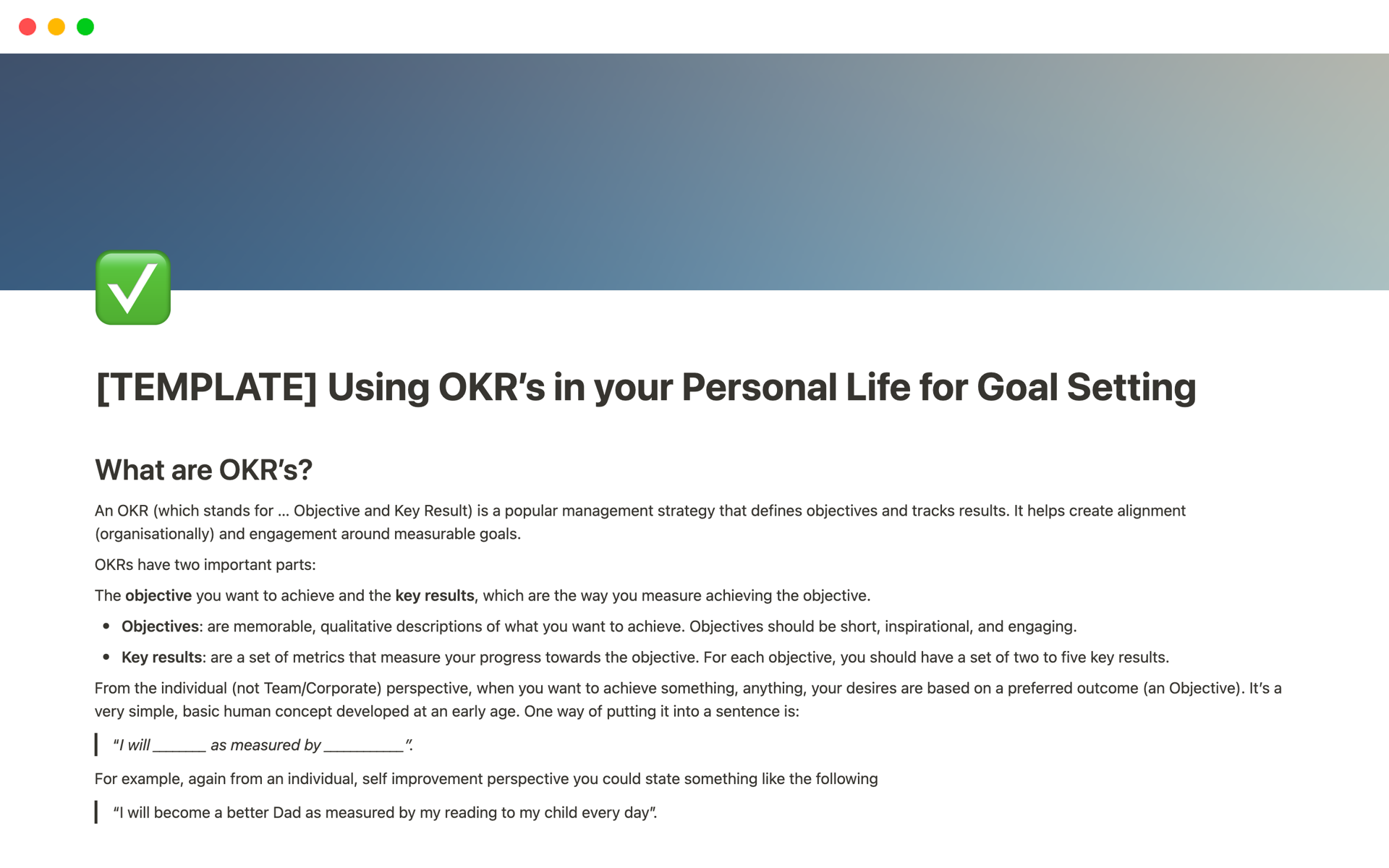 Aperçu du modèle de Using OKR’s for Personal Goal Setting