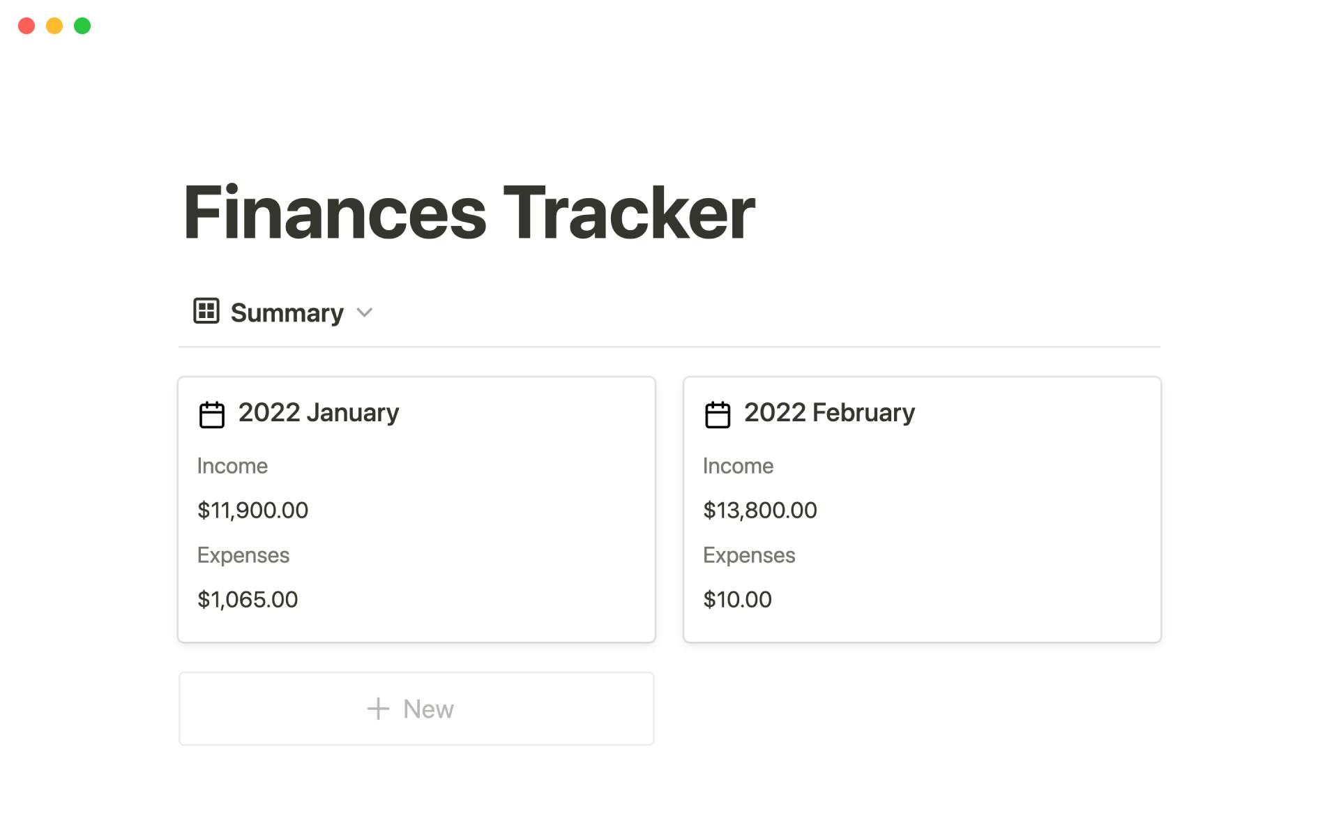 Finances trackerのテンプレートのプレビュー