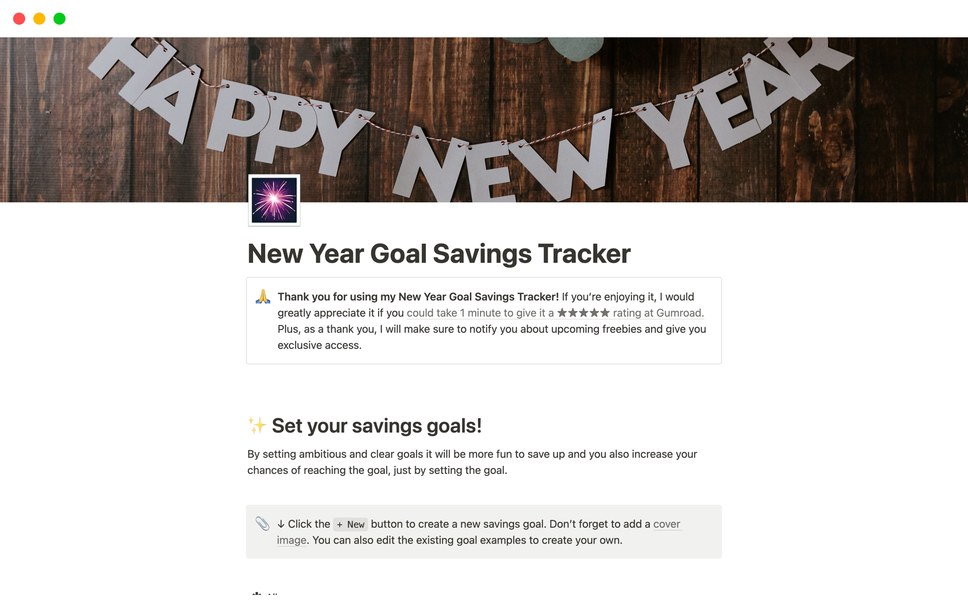 Vista previa de plantilla para New Year's Goal Savings Tracker