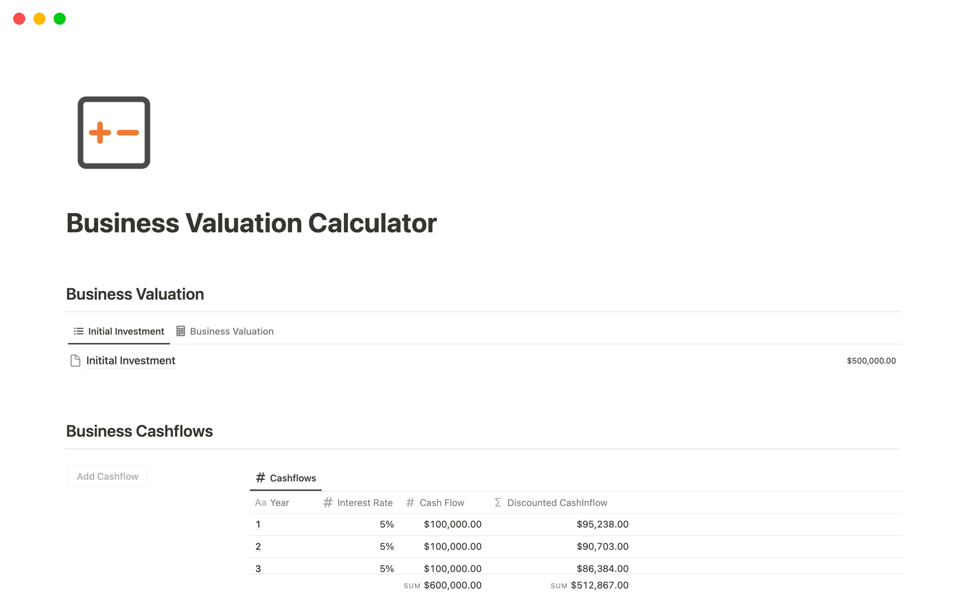 Business Valuation Calculatorのテンプレートのプレビュー