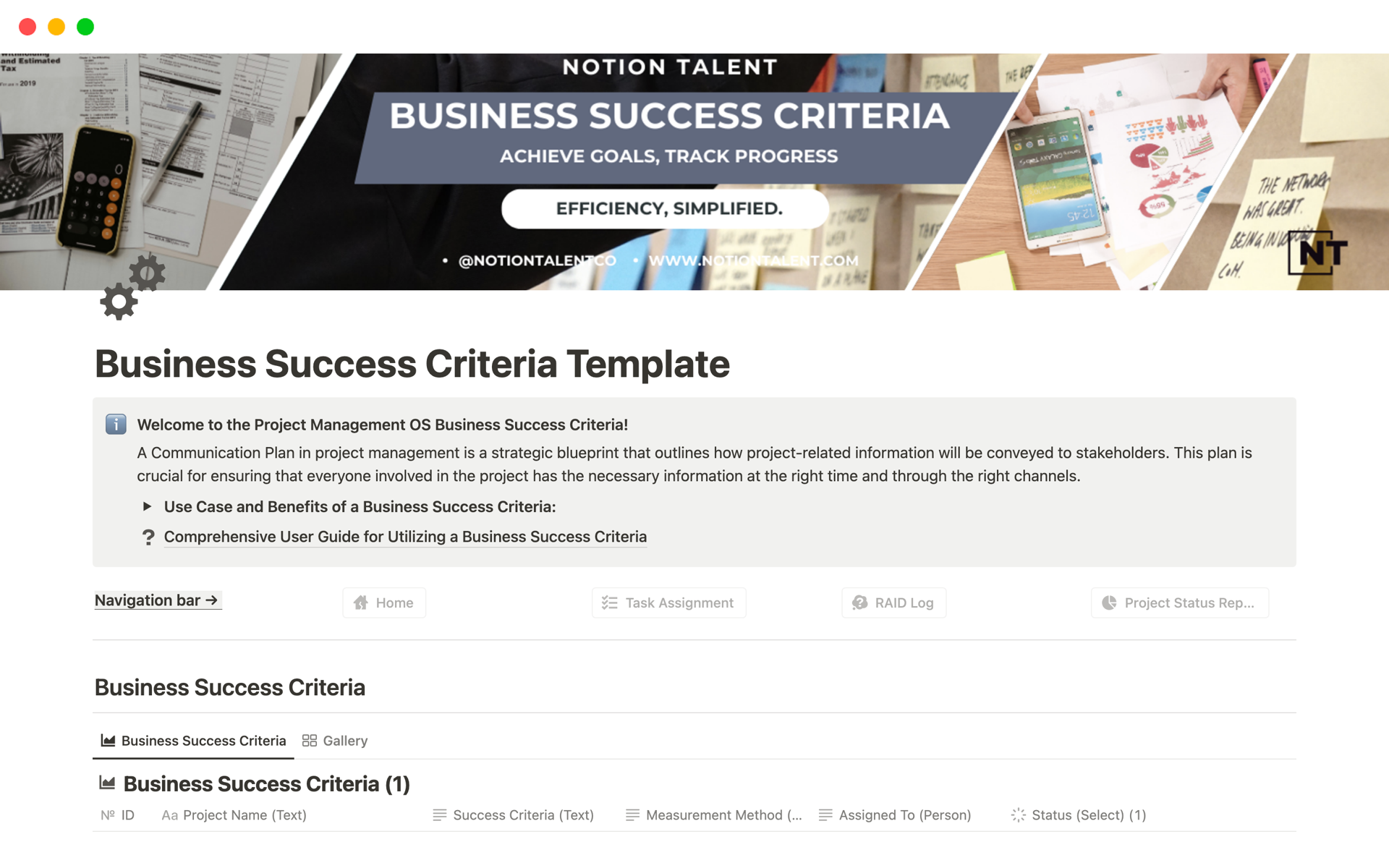 Business Success Criteriaのテンプレートのプレビュー